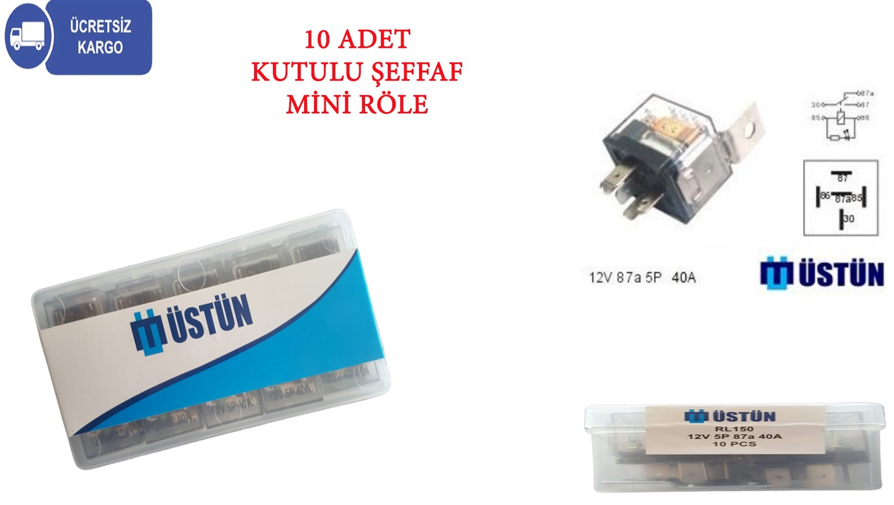 Şeffaf 5 Uçlu Üniversal Röle 40 Amper Üstün 10 Adet resmi