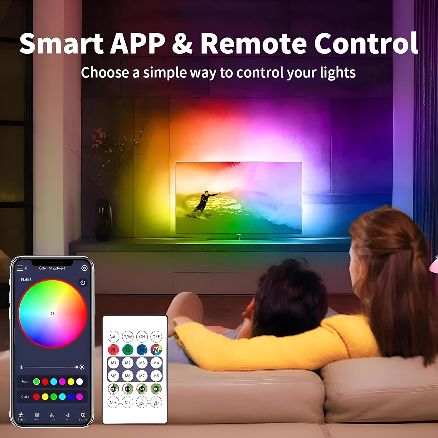 TELEVİZYON VE BİLGİSAYAR ARKASI SESE DUYARLI ANİMASYONLU RGB KUMANDALI 5 METRE NEON ŞERİT HORTUM LED USB VE APP UYUMLU resmi