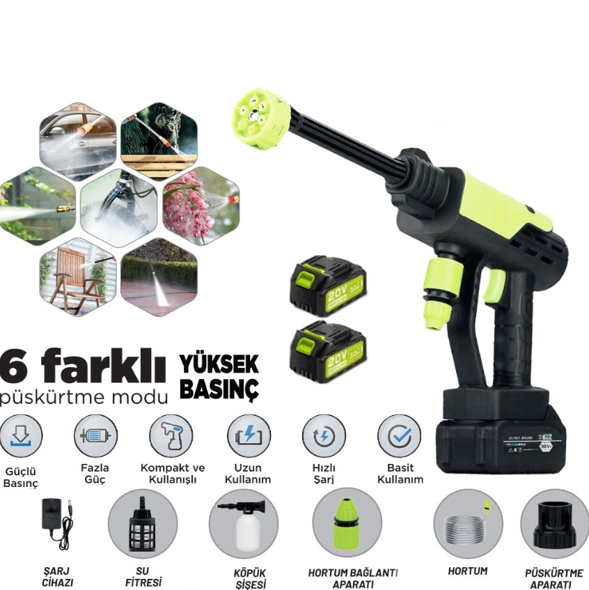 ŞARJLI YÜKSEK BASINÇLI OTO YIKAMA BAHÇE SULAMA TABANCASI PÜSKÜRTME YEDEK BATARYALI resmi