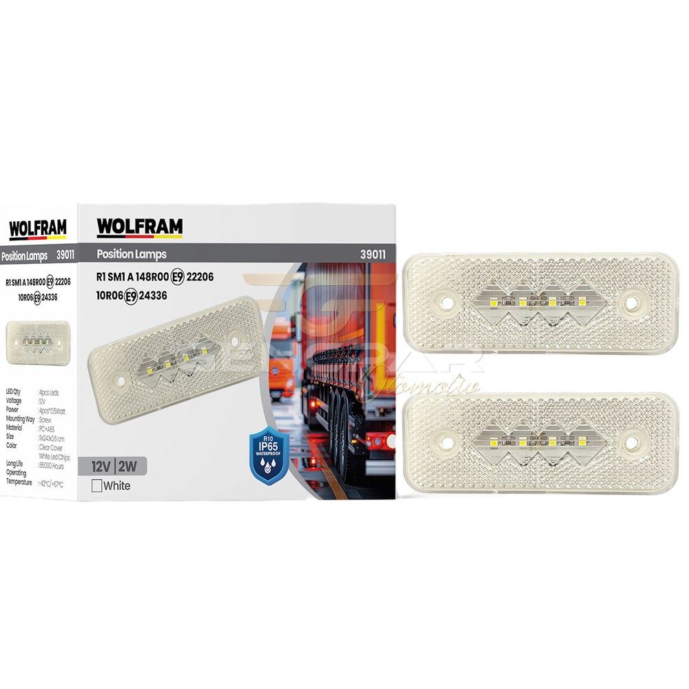 SİDE MARKER YAN POZİSYON LAMBASI BEYAZ RENK LED 12V 2W E9-R10 BELGELİ 10 ADET WOLFRAM 39011 resmi
