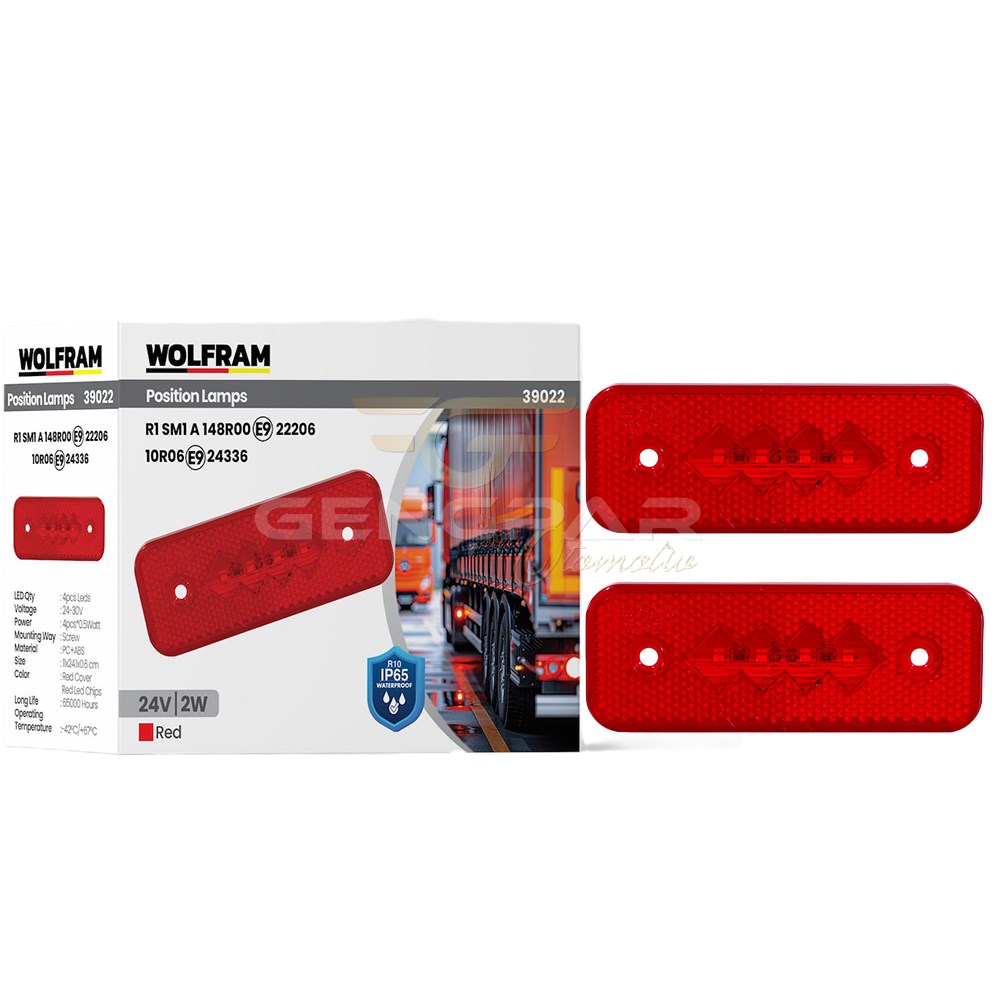 SİDE MARKER YAN POZİSYON LAMBASI KIRMIZI RENK LED 24V 2W E9-R10 BELGELİ 10 ADET WOLFRAM 39022 resmi