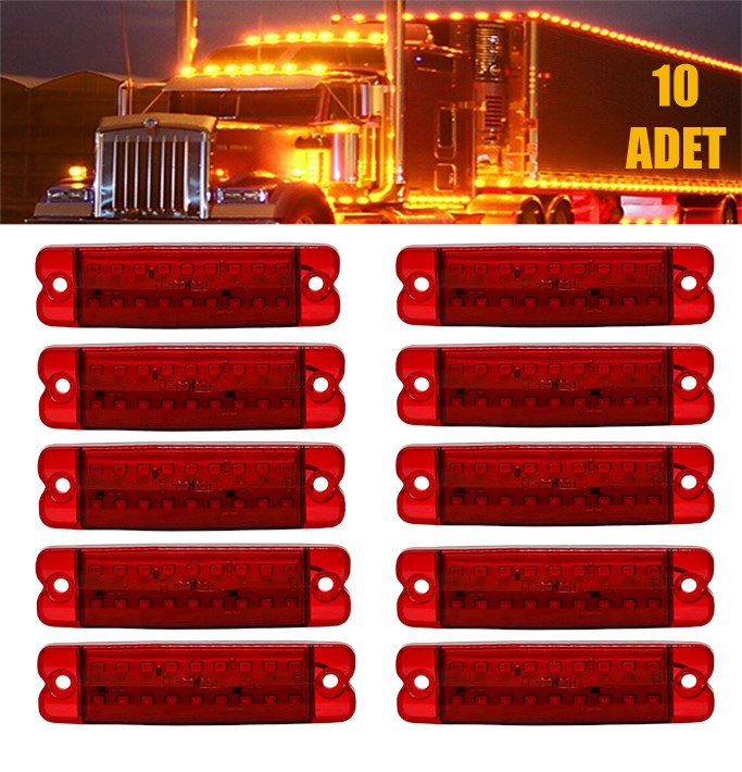 12 VOLT 18 LEDLİ YAN MARKER LED LAMBA DORSE KAMYON KIRMIZI 10 ADET resmi
