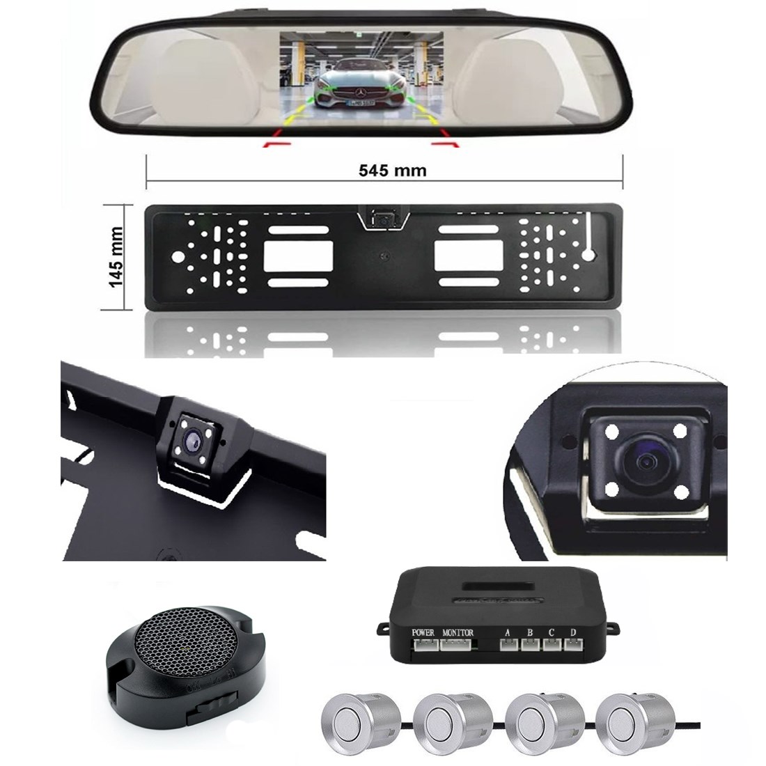 Kamerali Park Sensörü Ayna 4,3"ekran+Plaka Kamera GRI SENSÖR SET resmi